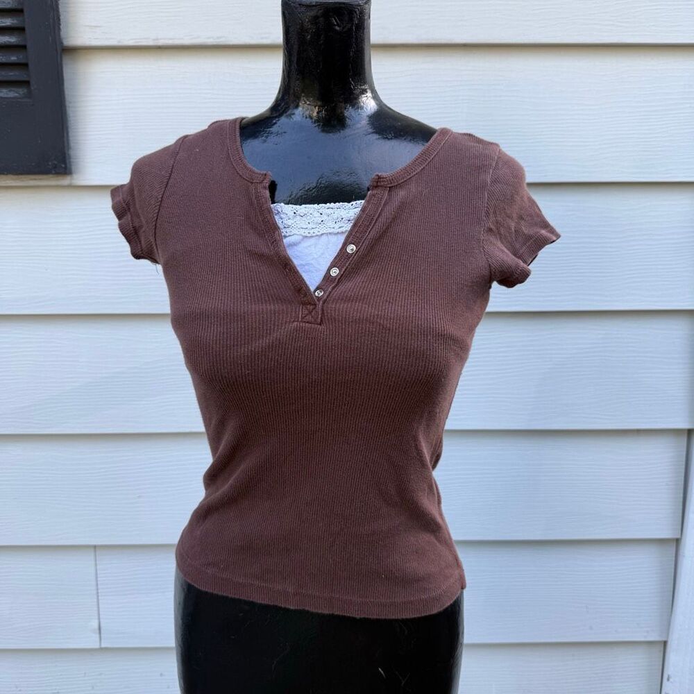 Energie Brown Ribbed Baby Tee Lace Layered Henley Top XS